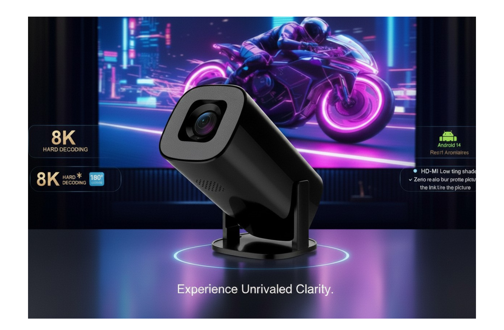 Projecteur Portable 720P WiFi6 Android 14 — Cinéma à domicile & outdoor