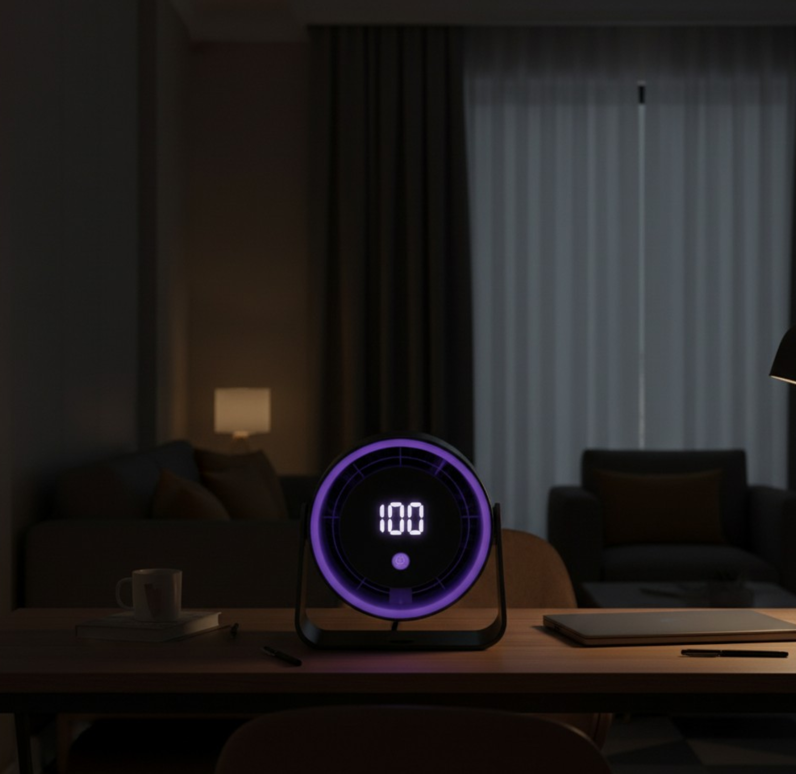 Ventilateur de bureau turbo silencieux — Affichage digital & veilleuse