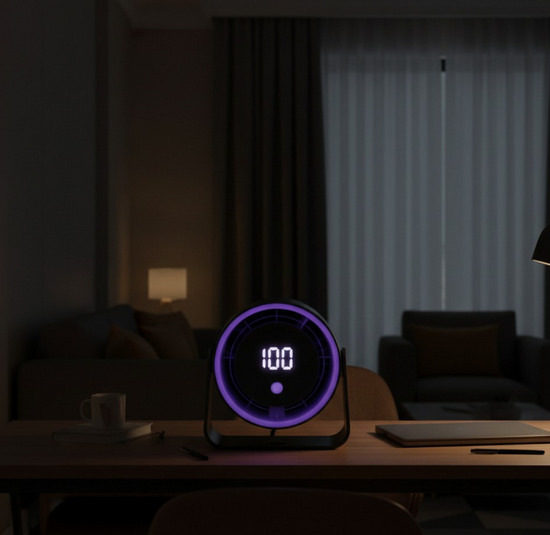 Ventilateur de bureau turbo silencieux avec affichage numérique et lumière LED, idéal pour bureaux modernes.