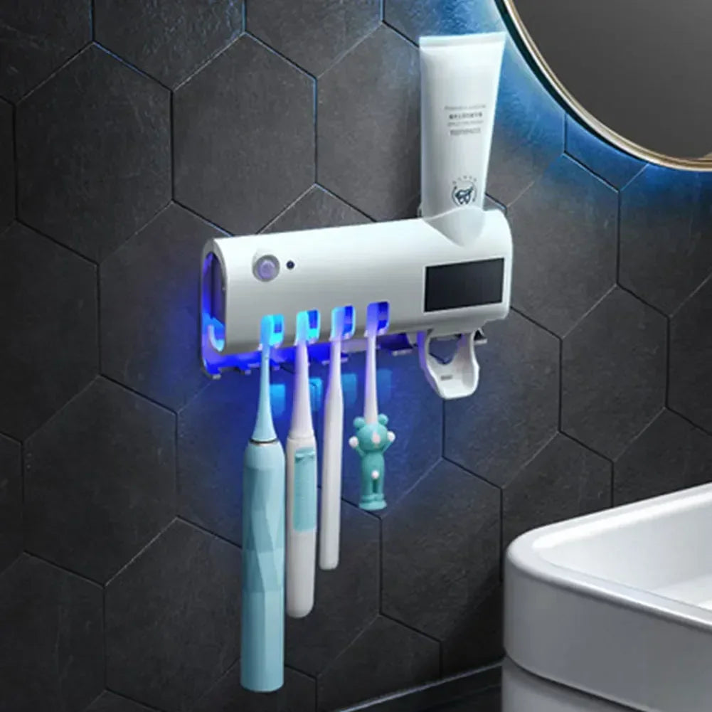Porte-brosse à dents UV intelligent avec distributeur de dentifrice et LED, montée au mur et stérilisation UV.