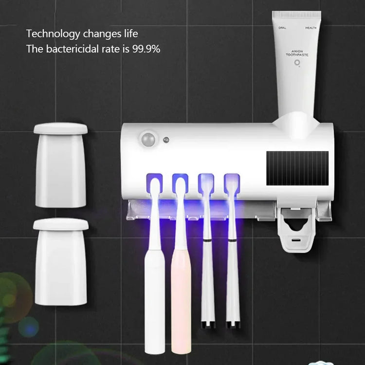 Porte-brosse à dents UV intelligent avec stérilisation UV, porte-brosse à dents et distributeur de dentifrice.