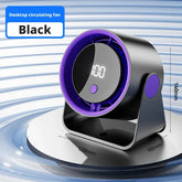 Ventilateur de bureau turbo silencieux avec un écran numérique, couleurs noir et violet, design moderne et silencieux.